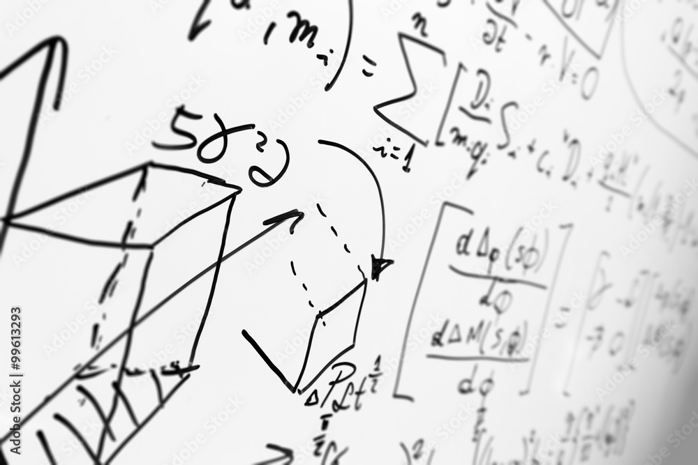 Complex math formulas on whiteboard. Mathematics and science with economics