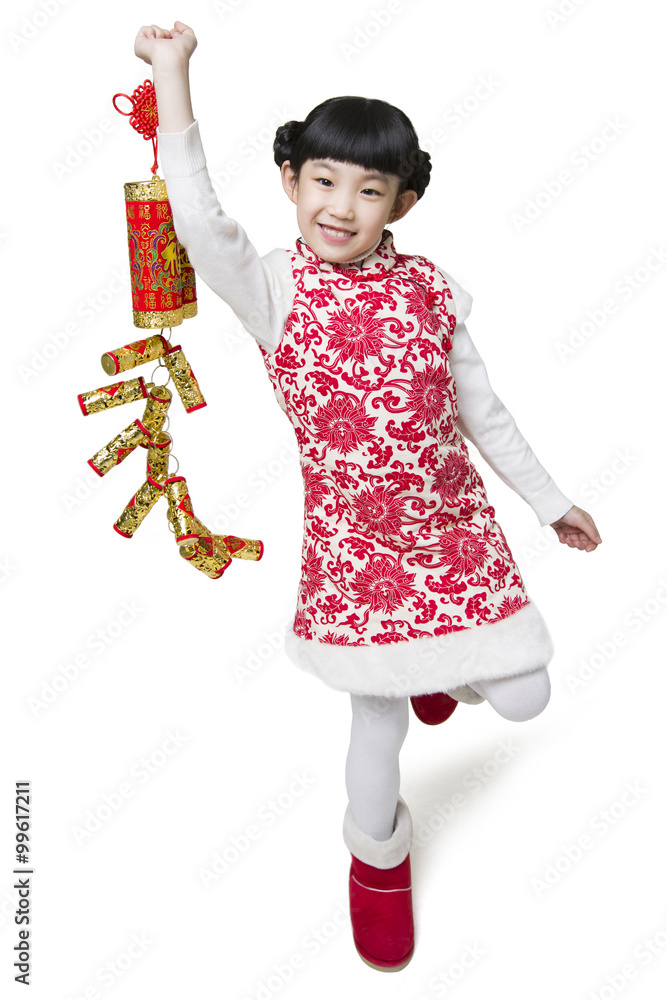 Happy girl celebrating Chinese new year with petard