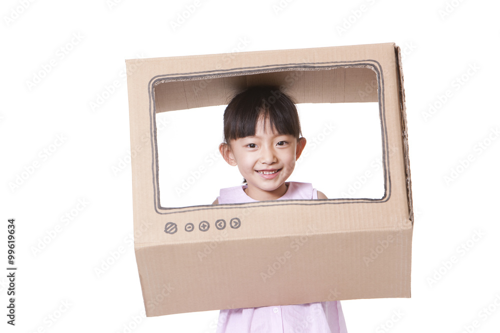 Girl and a carton made TV