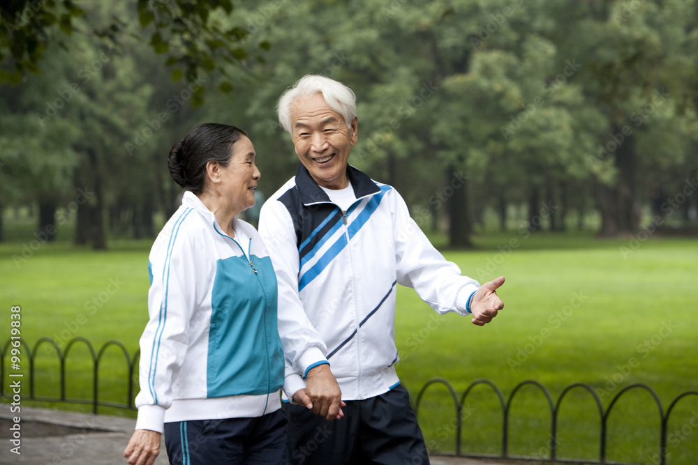 Senior Couple Walking Hand-In-Hand Through a Park