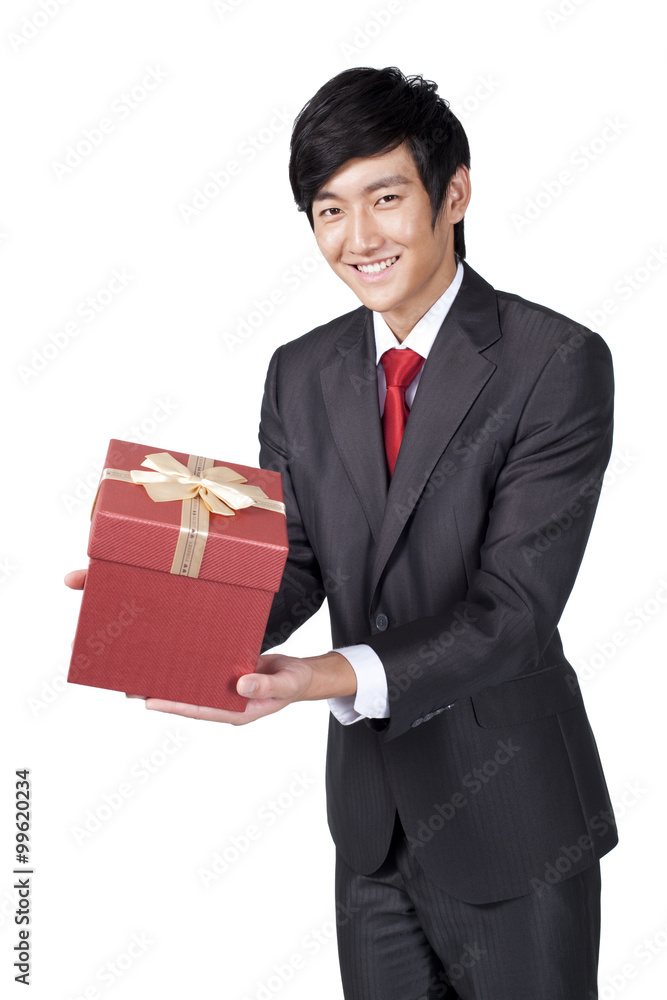 Happy Businessman Holding a Gift