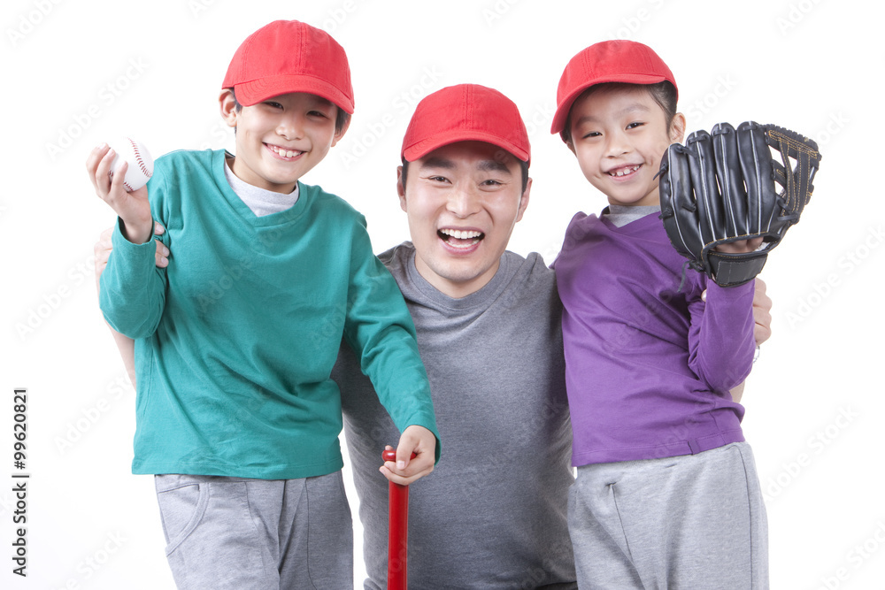 Father and children with baseball gear