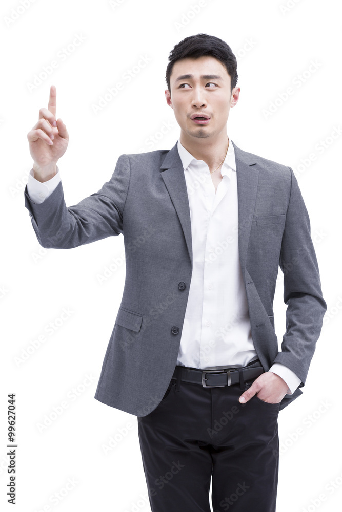 Fashionable businessman raising finger up