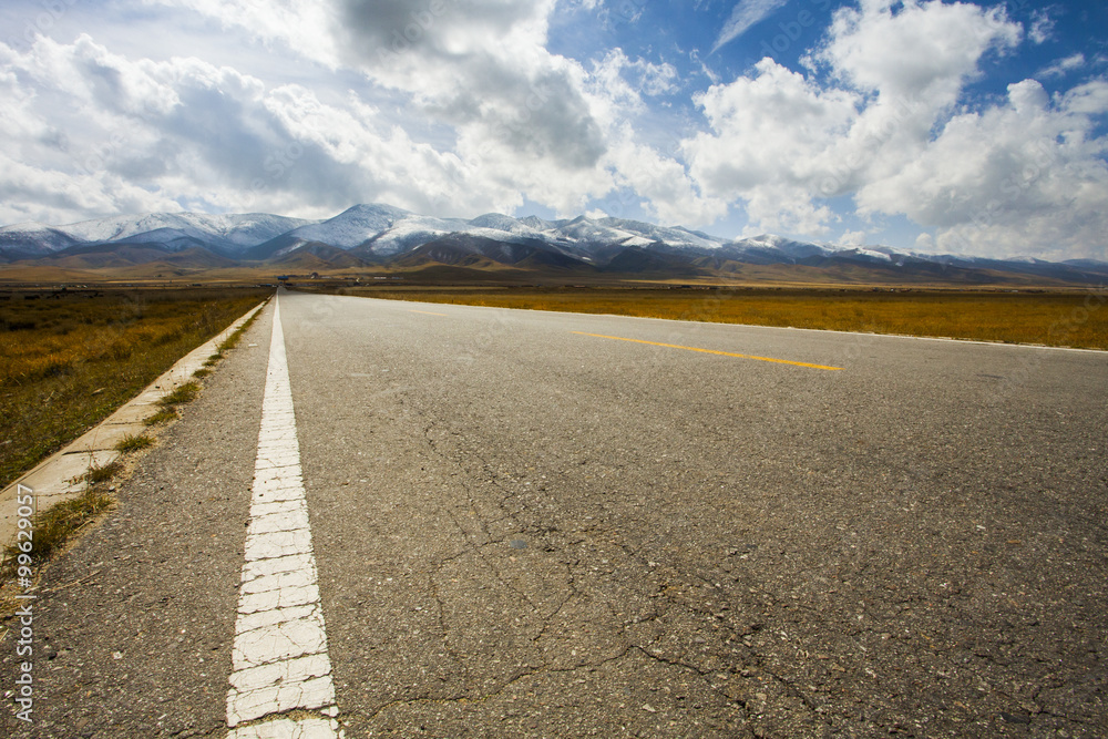 Road going through field into the mountains in Qinghai province, China