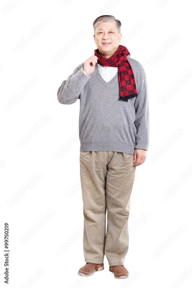 old standing Asian man in grey jumper and scarf