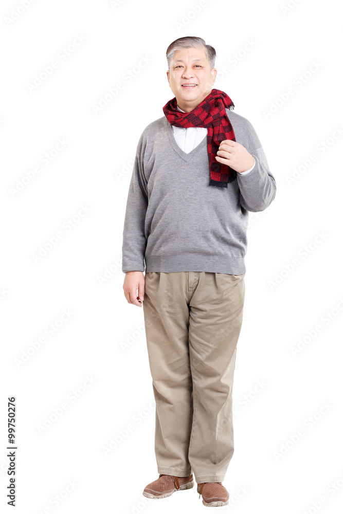 old standing Asian man in grey jumper and scarf