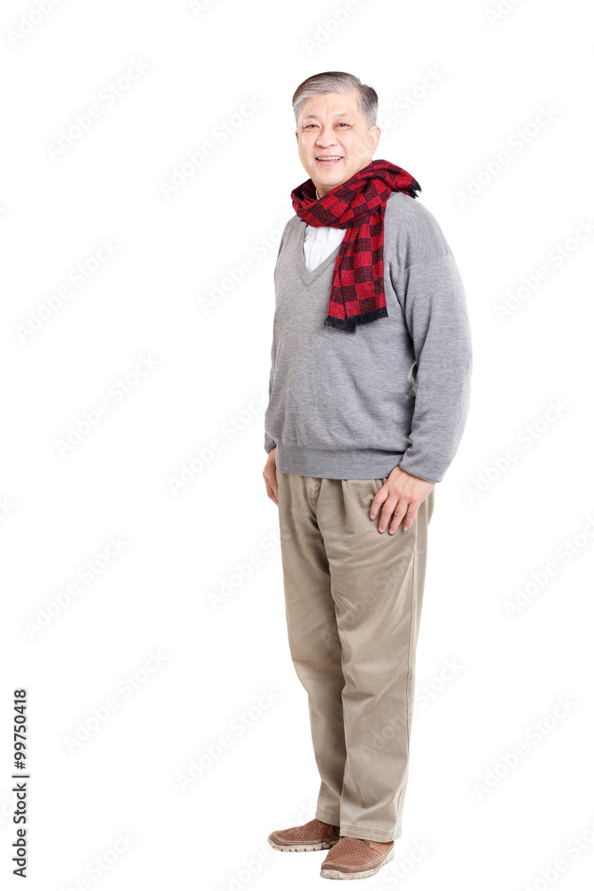 old standing Asian man in grey jumper and scarf