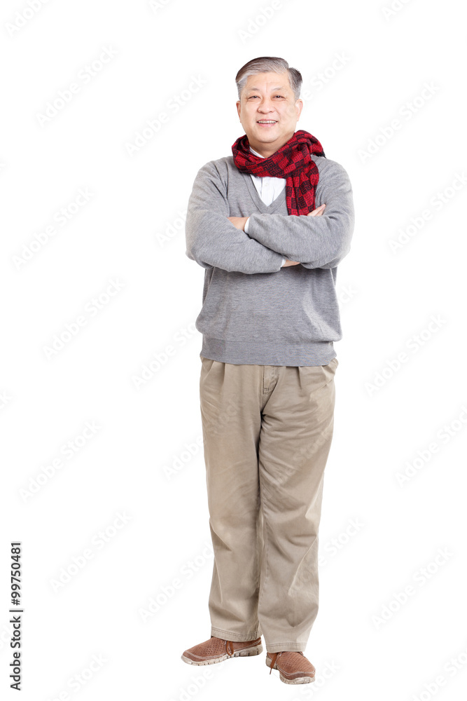 old standing Asian man in grey jumper and scarf