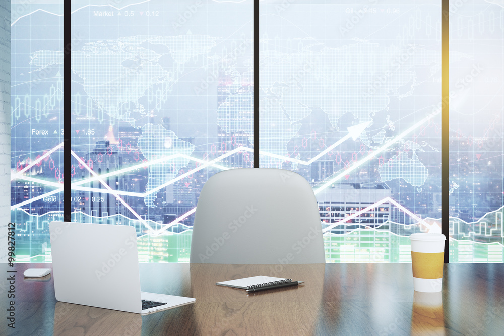 Double exposure with modern desk and business charts