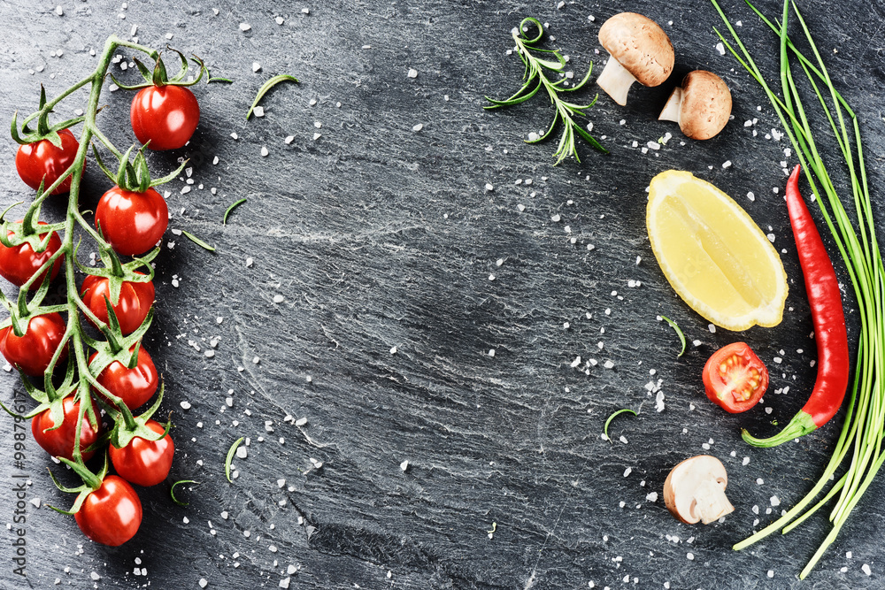 Frame with fresh organic vegetables and herbs. Healthy eating an