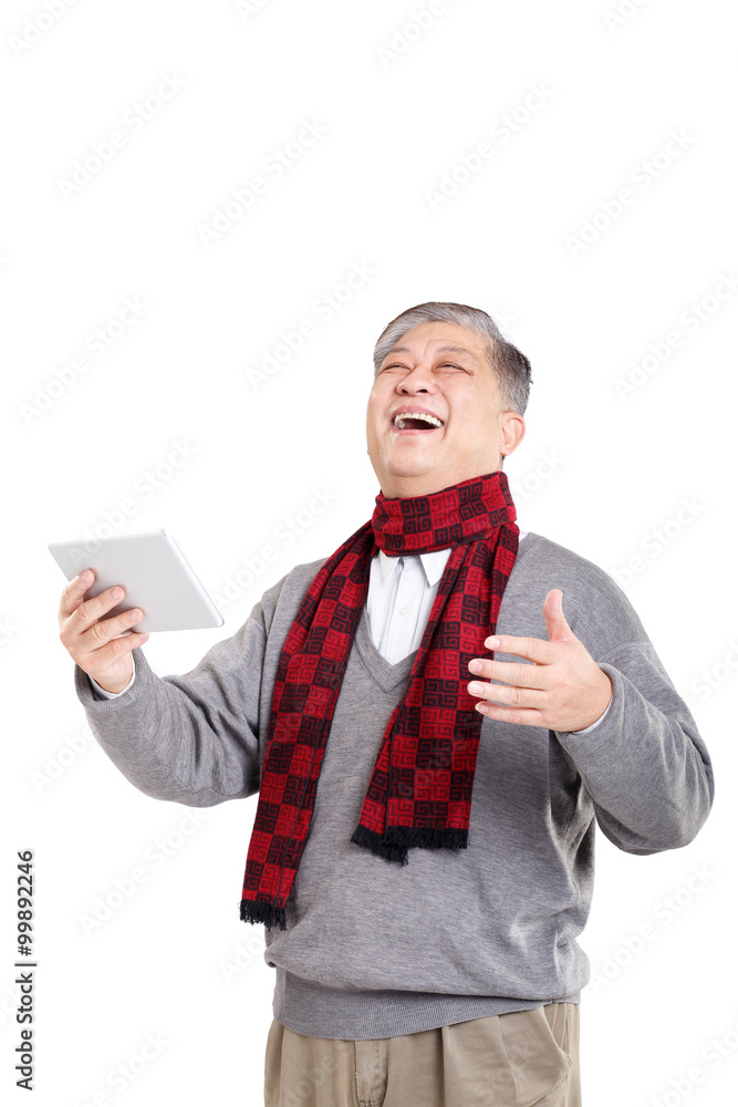 portrait Asian old man in sweater and scarf with tablet