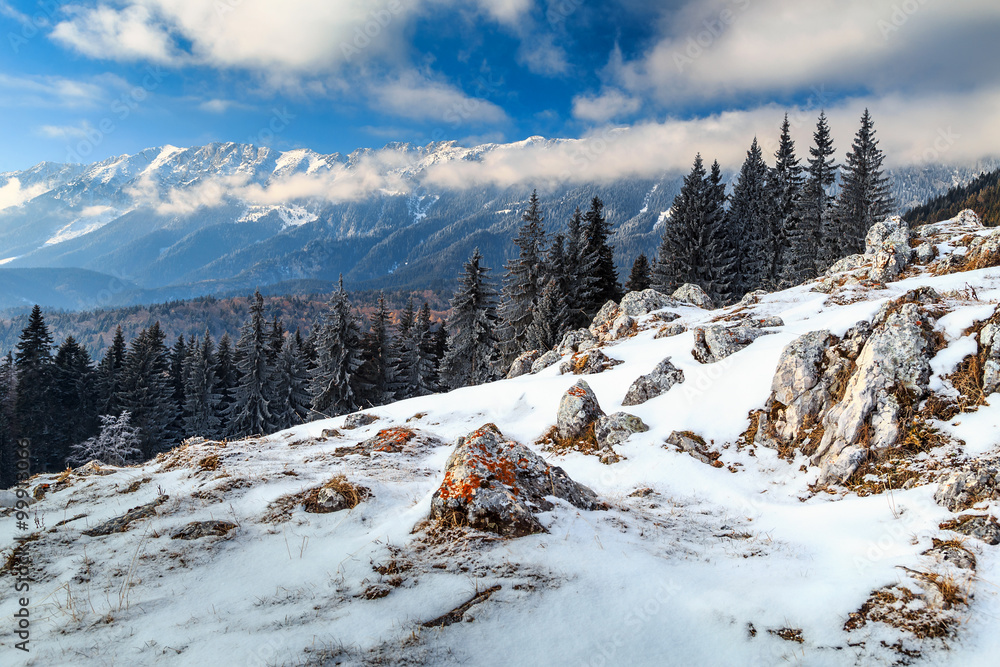 冬季景观和高雪山，喀尔巴阡山，罗马尼亚，欧洲