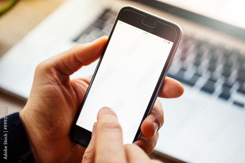 Close up of man hands with cellphone