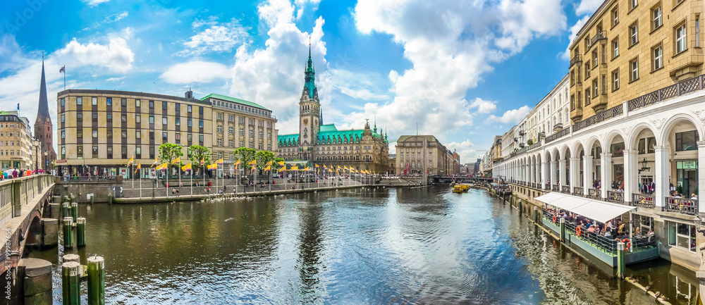 Hamburg city center with town hall and Alster river, Germany