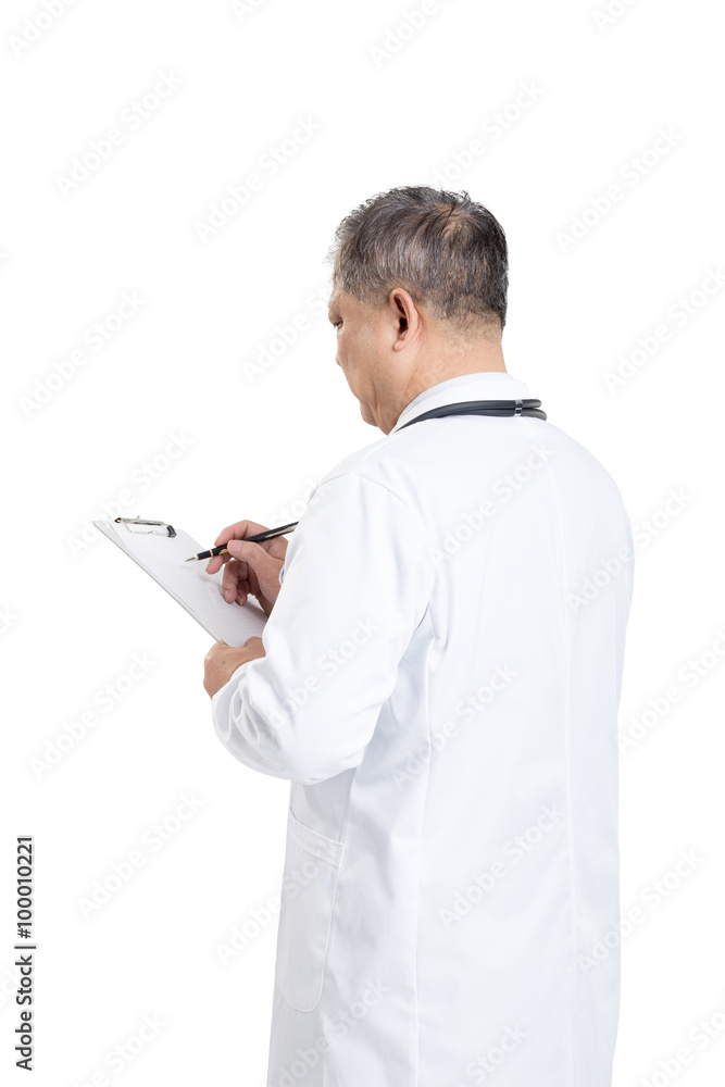 old man doctor in white writing on board