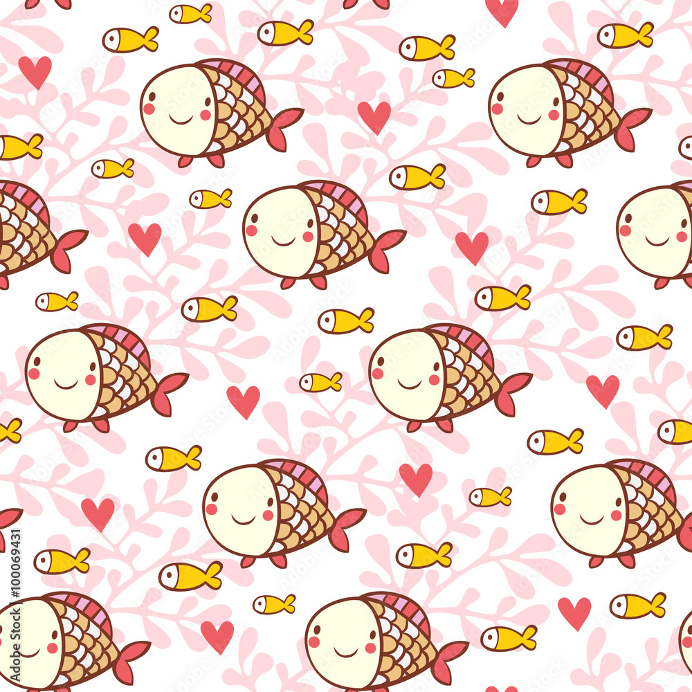 Sweet childish seamless pattern with fish and corals. Сartoon seamless pattern for lovely childish d