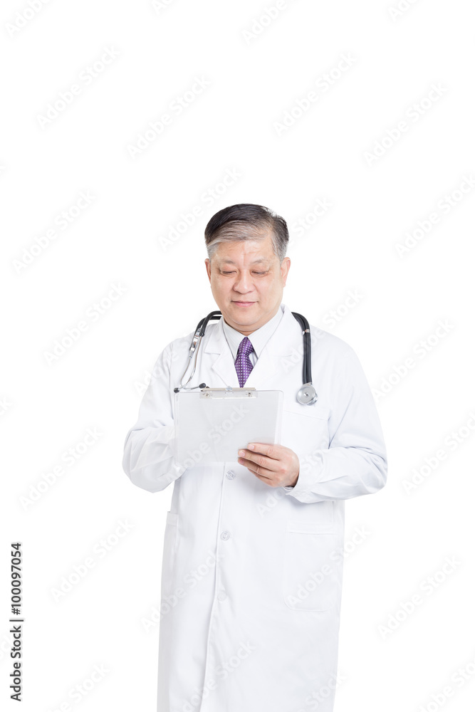 old asian man doctor writing on clipboad