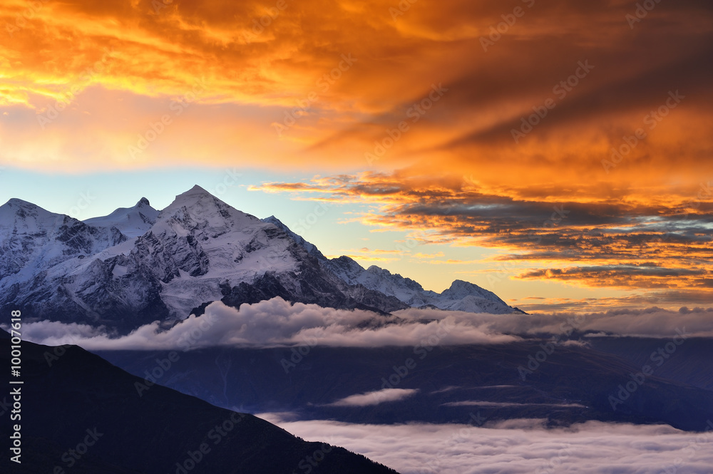 Dramatic sunrise in the Caucasian mountains