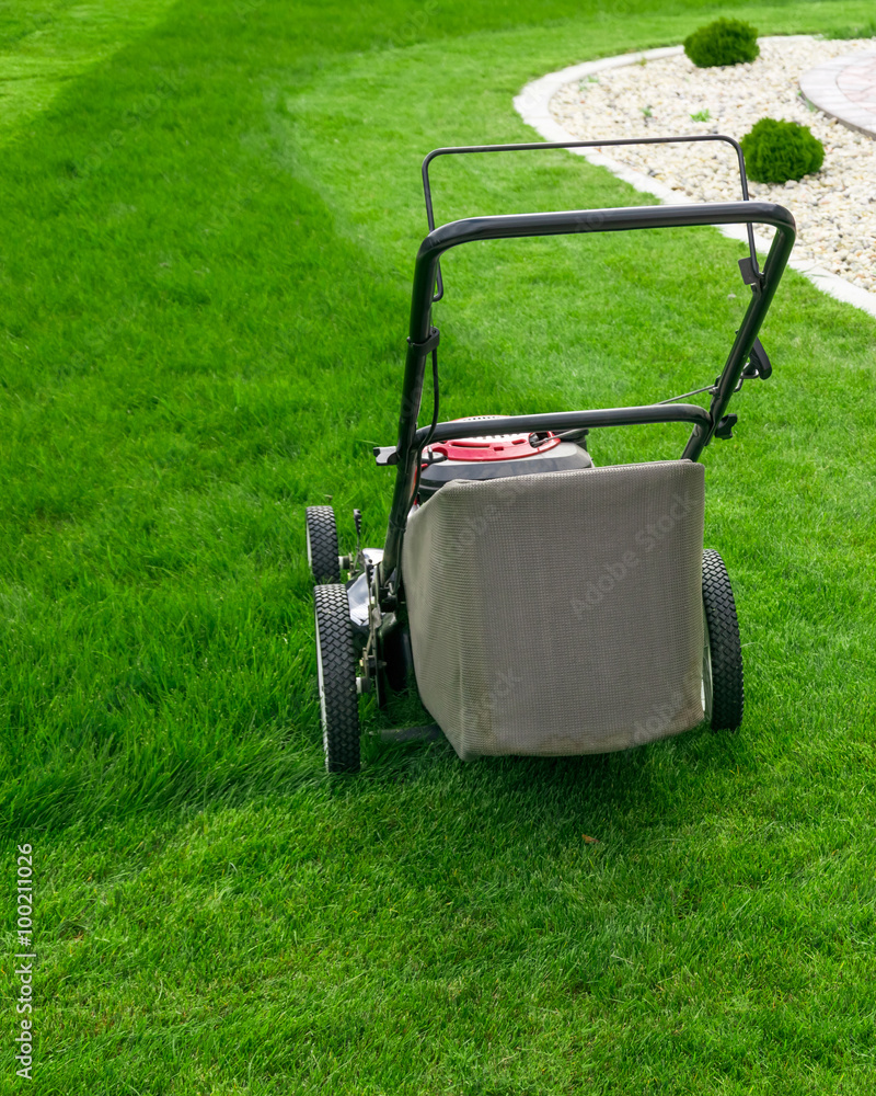 Lawn mower on green grass