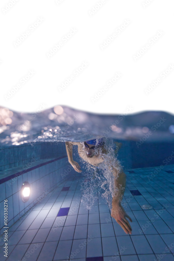 Young man swimming in pool, free space for text