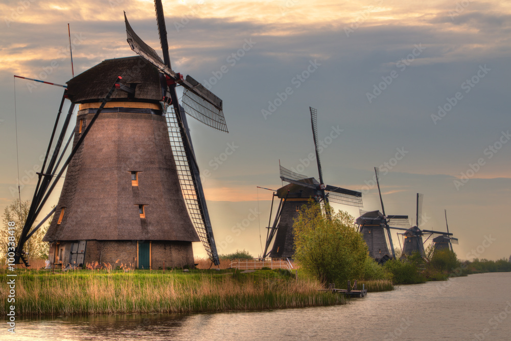 Windmills and water canal in Kinderdijk, Netherlands