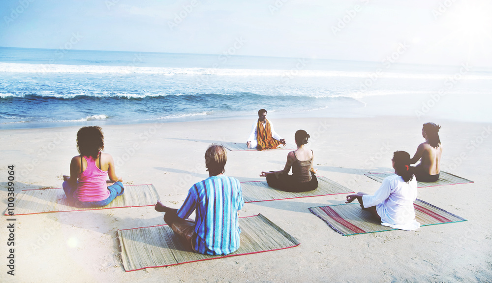 Healthy Yoga Class By The Beach Meditation Concept