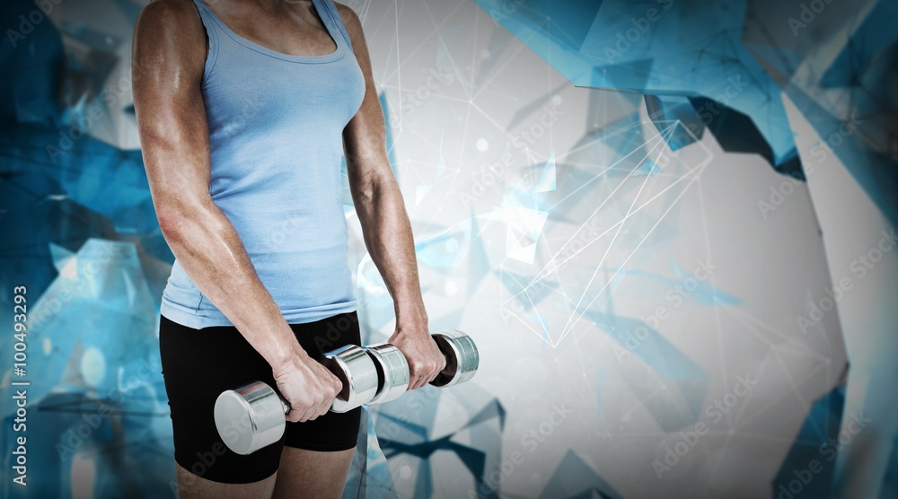 Composite image of muscular woman exercising with dumbbells 