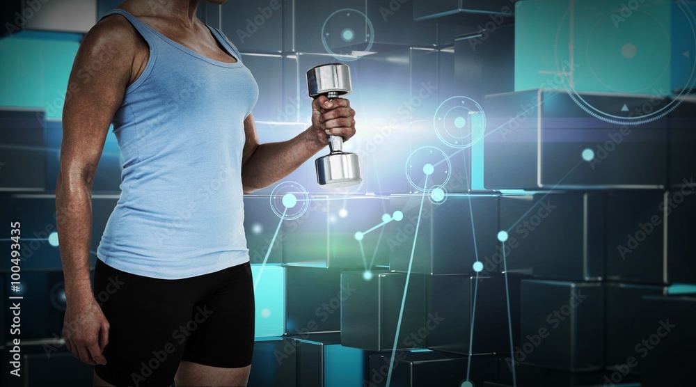 Composite image of muscular woman exercising with dumbbells 