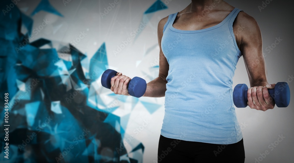 Composite image of muscular woman exercising with dumbbells 