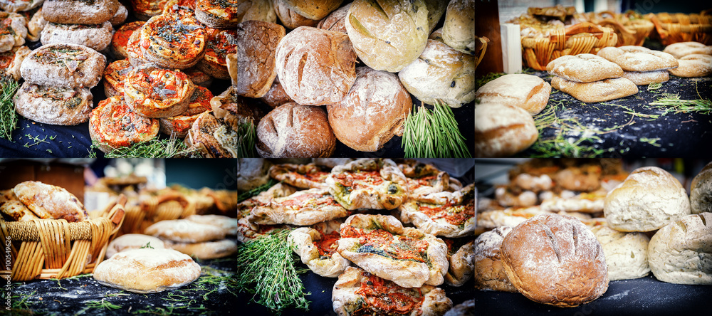 Rustic bakery collage with freshly baked bread