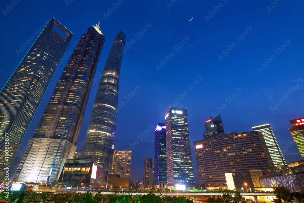 Shanghai Pudong urban skyscrapers at dusk, China