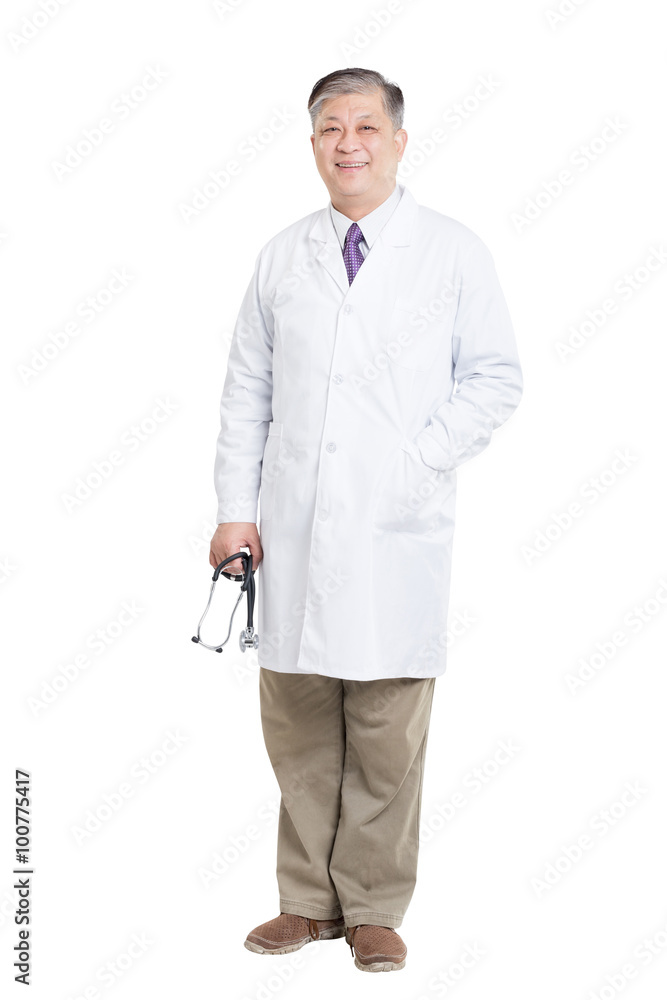 gesture of old asian man doctor in white with stethoscope