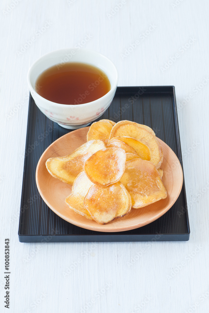 Dried potato slice and  coated with sugar