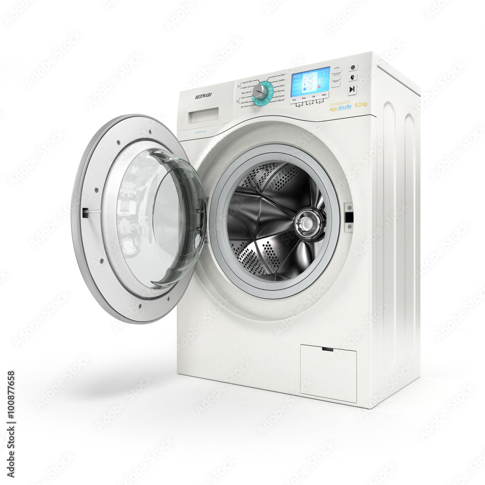 Opening washing machine on white background