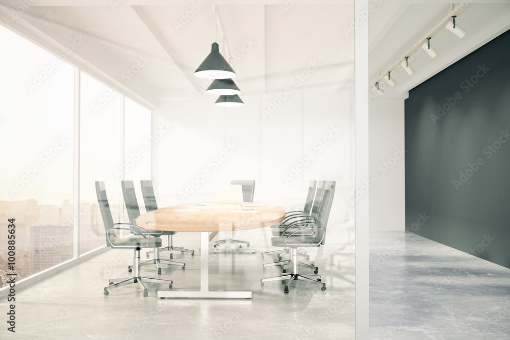 Meeting room with glass wall, blackboard, wooden table, window a