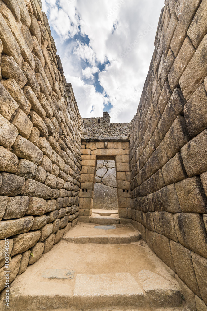 Detailed wide angle view of Machu Picchu buildings, Peru