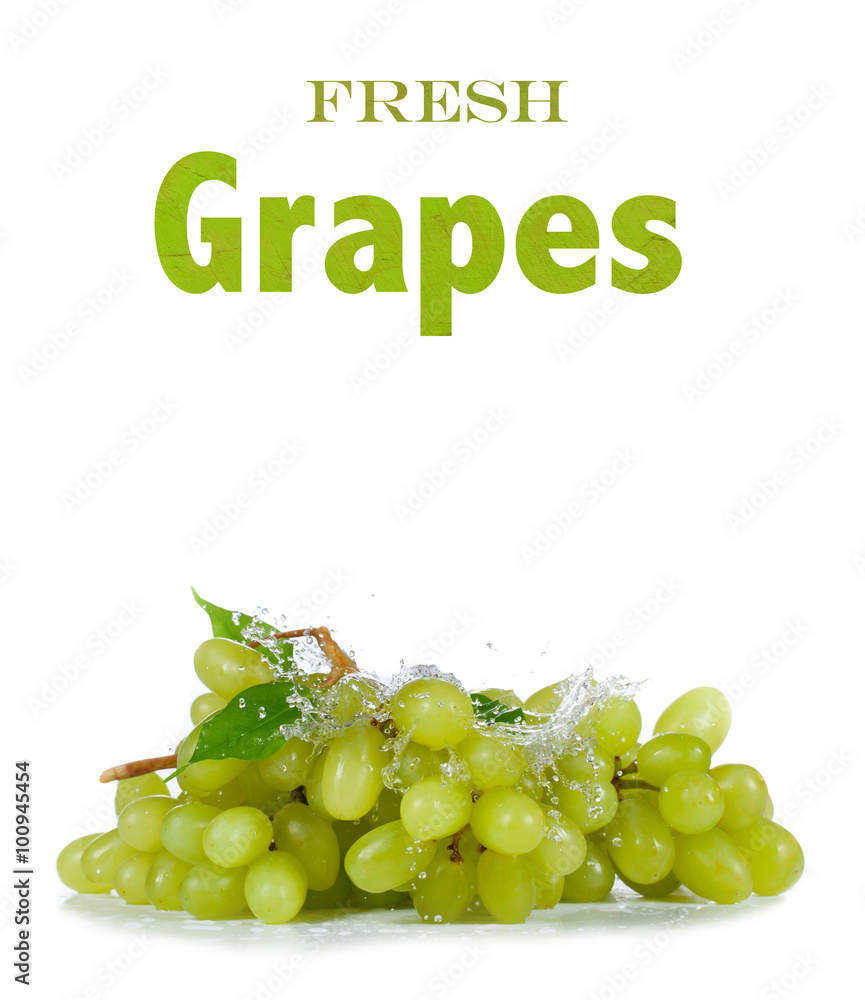 Fresh grapes in water splash on white