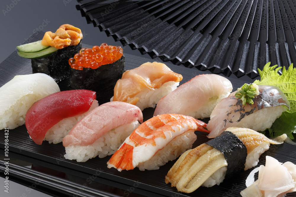 Japanese seafood sushi /many tasty fresh japanese sushi with tuna, caviar and shrimp