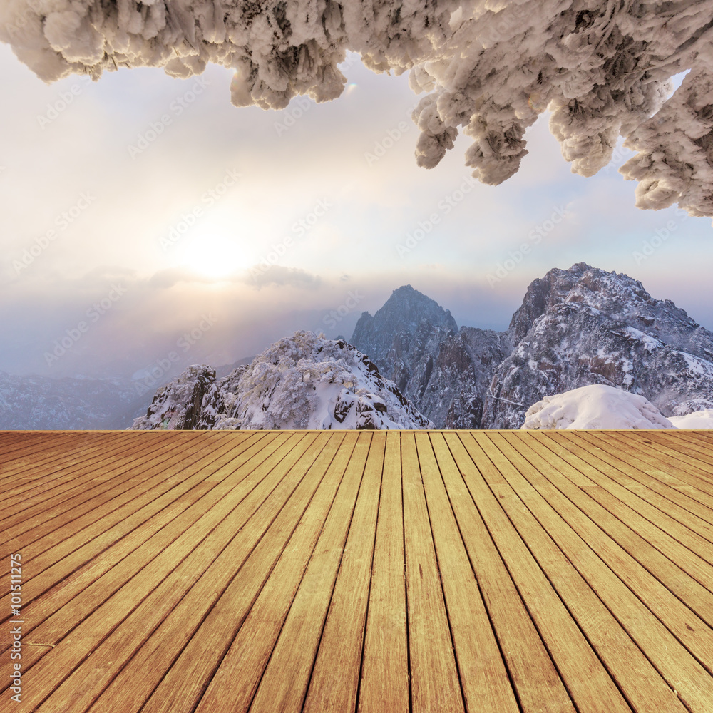 wooden floor front of snow scene of Huangshan hill