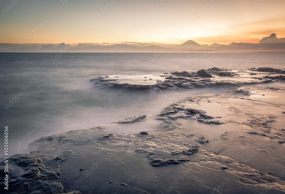 Japan seacape coastline and Mt. Fuji in beautiful sunset