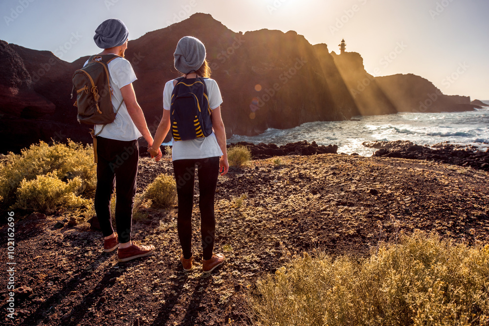 Young couple traveling nature