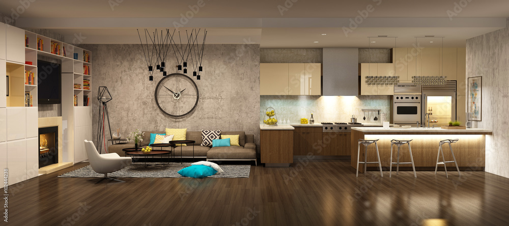 Modern living room with the kitchen interior