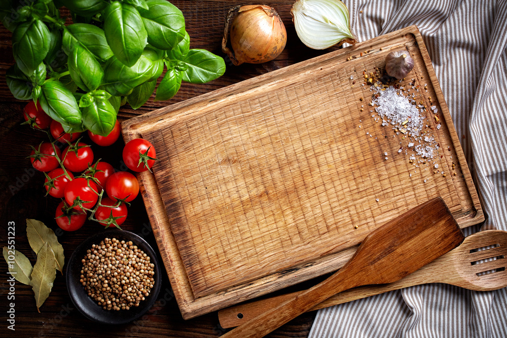 cooking background with old cutting board