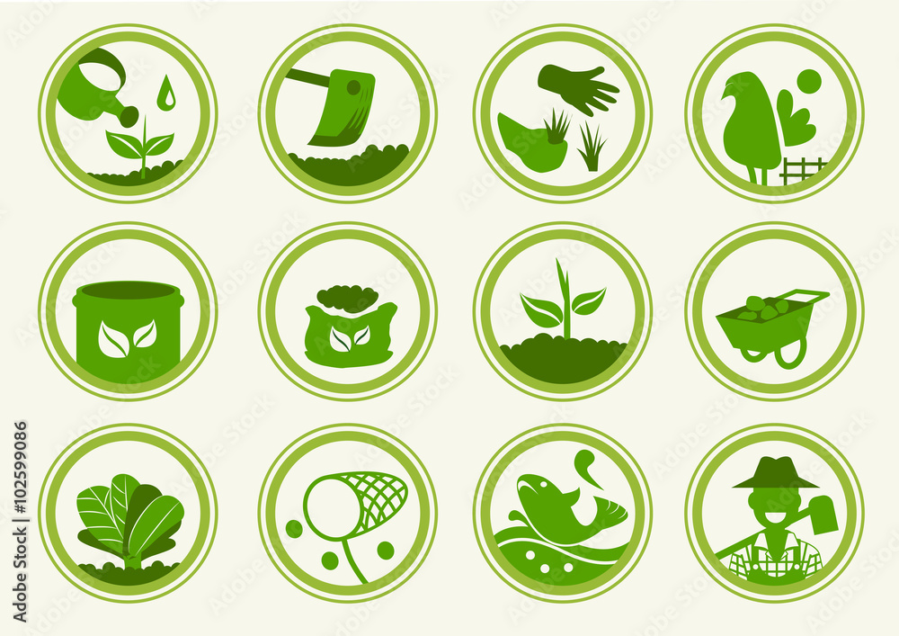 12 Basic icon organic.Stickers organic collection.Features of good organic farm.The symbol of organi