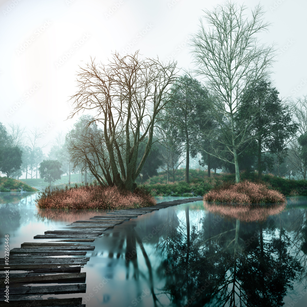 Autumn vintage landscape with old woods and lake