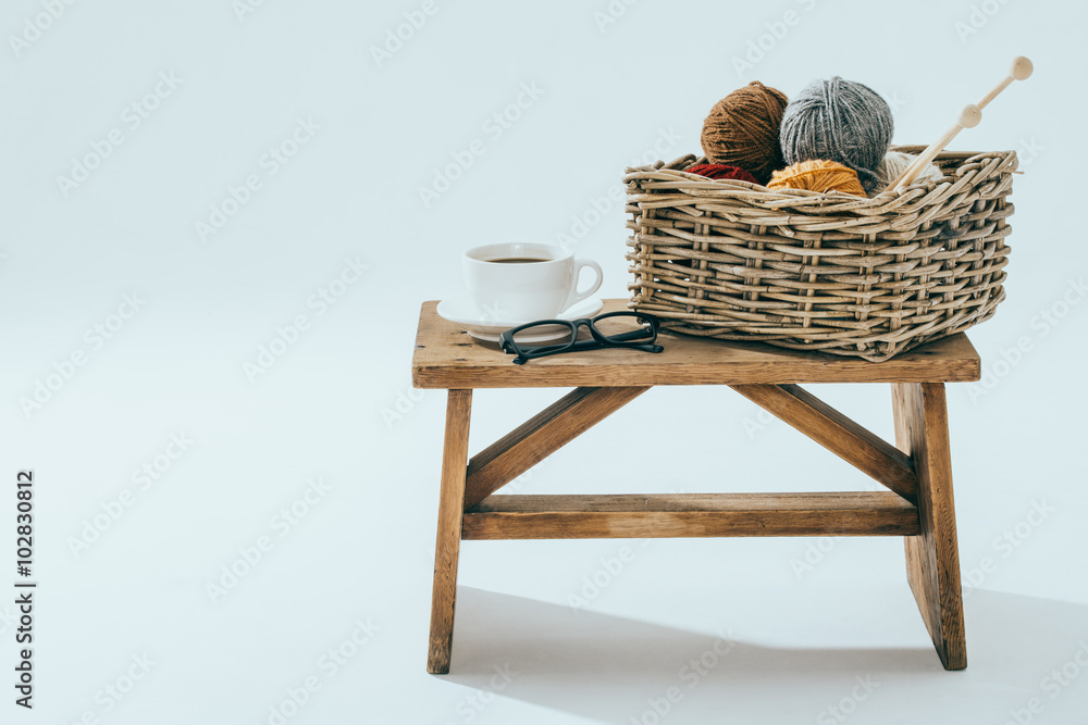 Leisure time, knitting with a cup of coffee