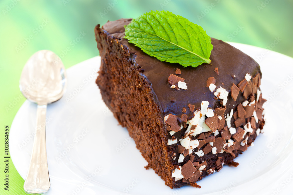 Portion of chocolate cake with mint leaf.