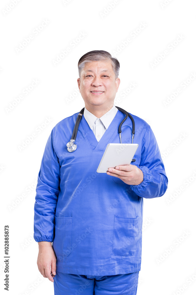 asian old man doctor in blue uniform with tablet