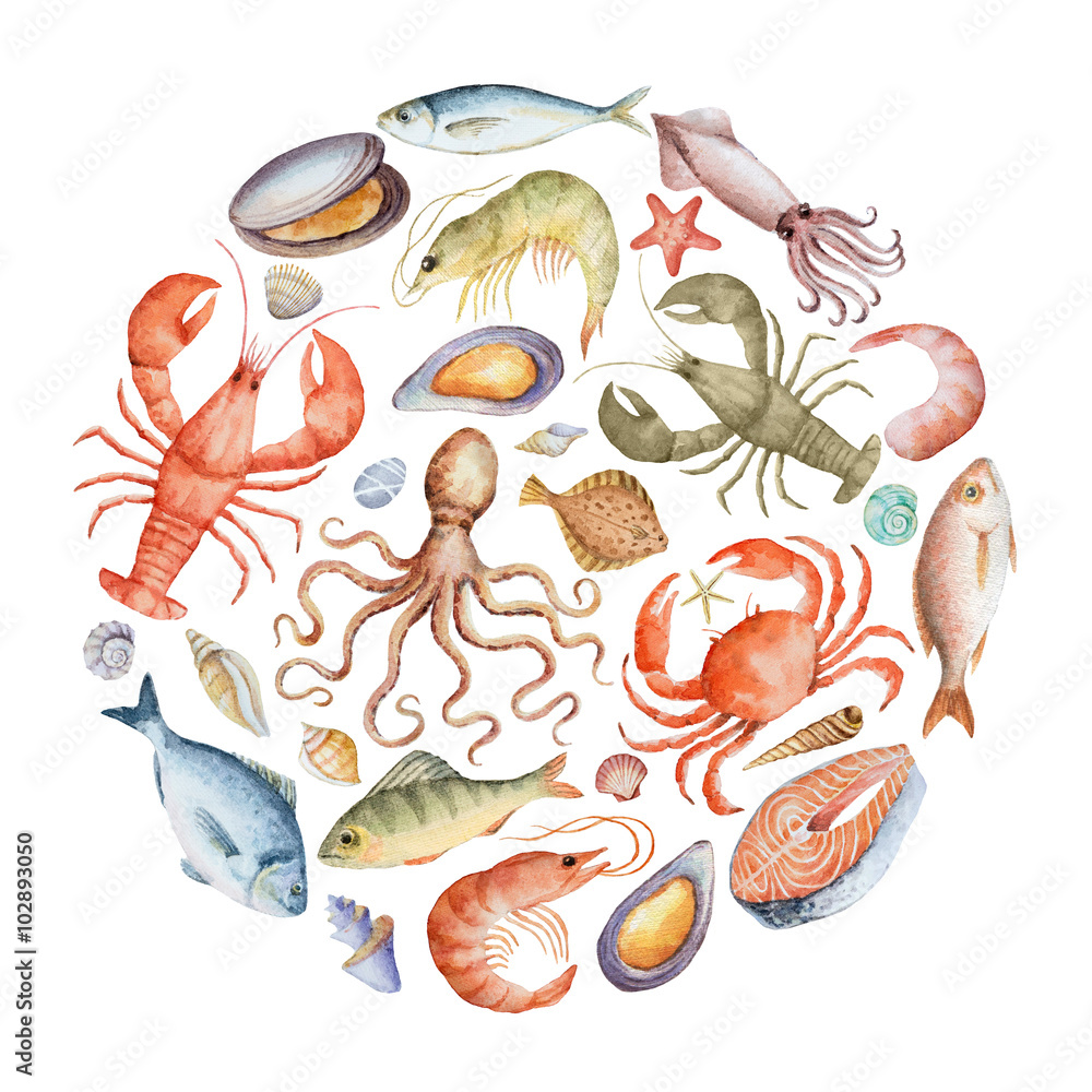 Watercolor set of seafood.