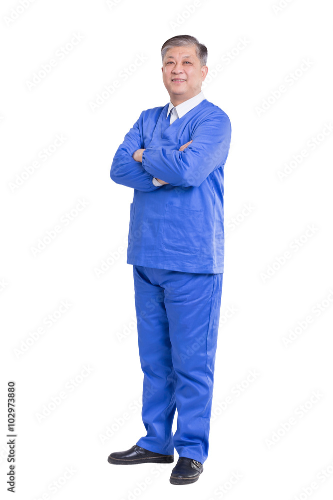 isolated old asian man doctor in blue uniform